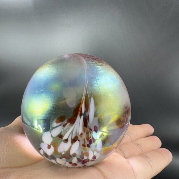 Hand Made Art Glass Paperweight Orb Polished Bottom Iridescent Glass Decor VTG - Picture 11 of 15
